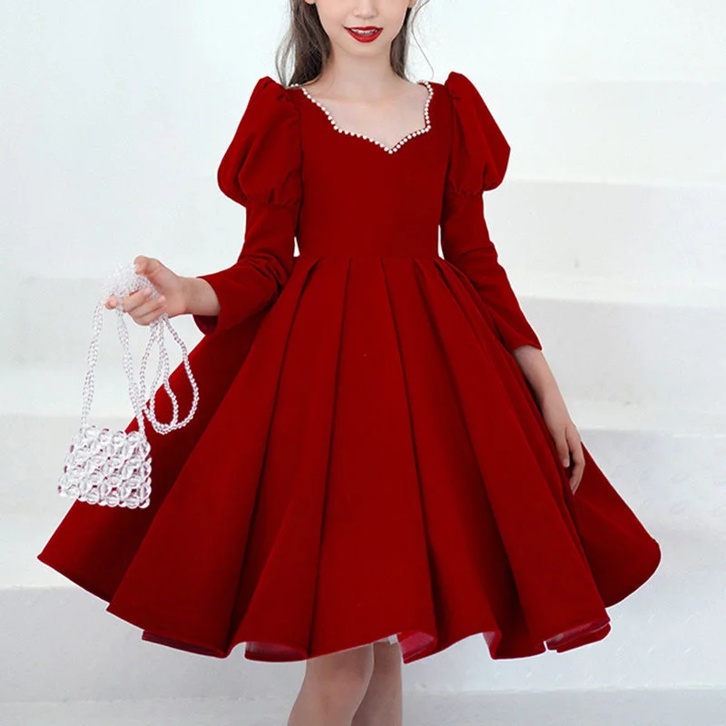 Girl Christmas Dress First Communion Dress Girl Elegant Pageant Dresses Baby Girl Red Long Sleeve Fluffy Princess Dress Tunics Luxurious premium