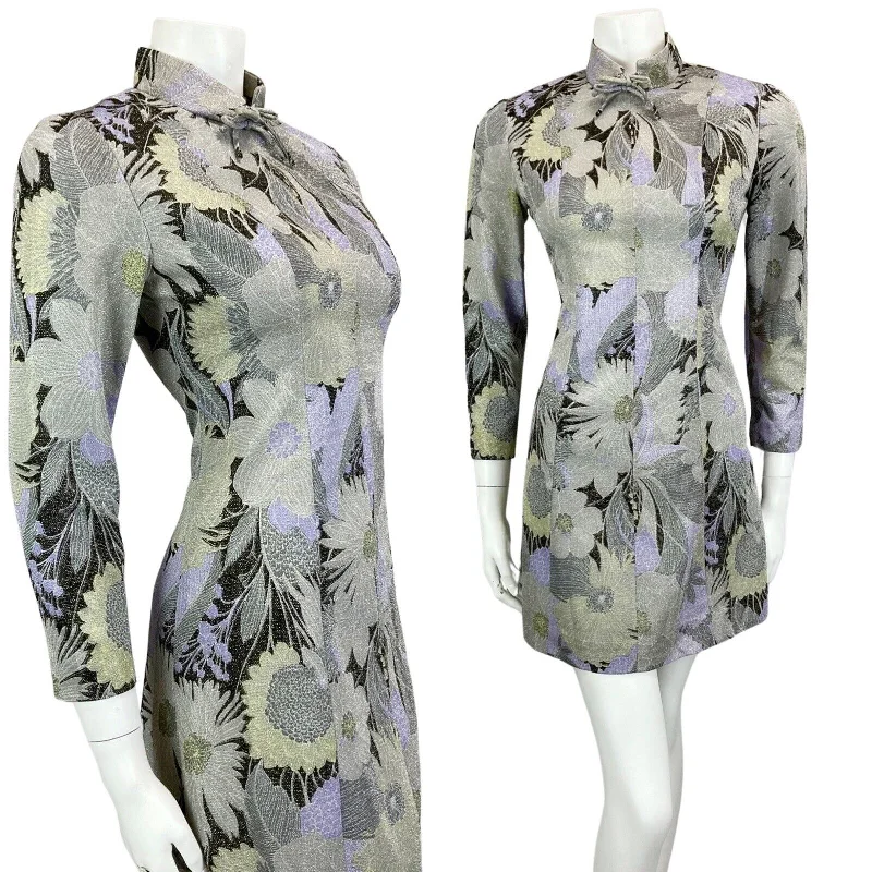 VINTAGE 60s 70s GREY SILVER LILAC MOD MINI PARTY CHRISTMAS EVENING DRESS 8 10 Turtleneck Neckline Stylish