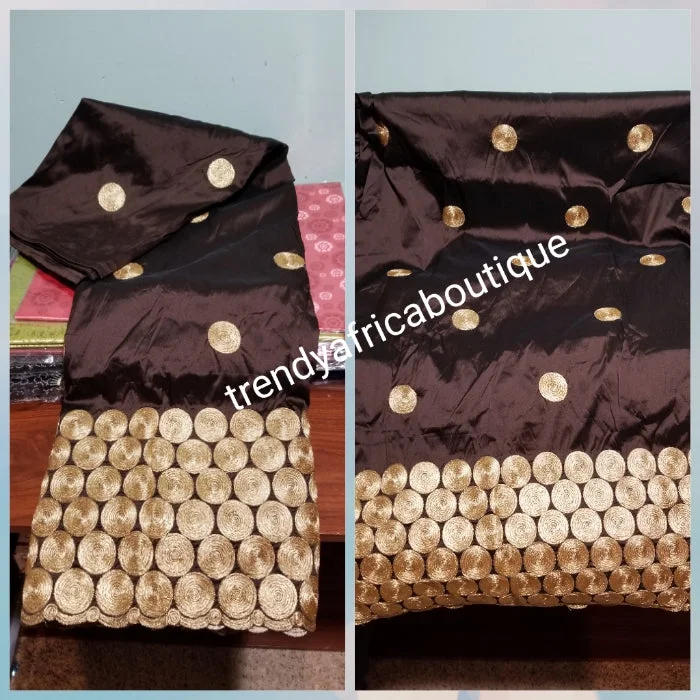 Hot sale! Original quality indian Embroidery Silk George wrapper for Nigerian party dresses. Indian-george. Beautiful chocolate brown with all over Gold embroidery Sold per 5yds. Feel the difference in Quality!! Tunics Lace romantic Hot sale! Original quality indian Embroidery Silk George wrapper for Nigerian party dresses. Indian-george. Beautiful chocolate brown with all over Gold embroidery Sold per 5yds. Feel the difference in Quality!! Tunics Lace romantic