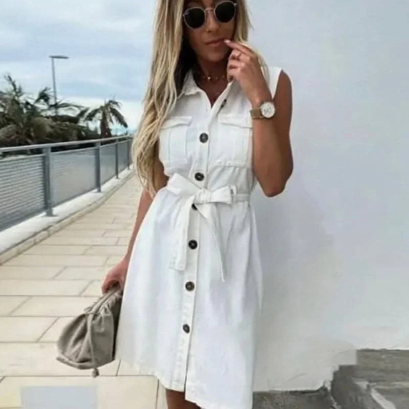DressBetty - Women Vintage Front Button Sashes Sheath Party Dress Sleeveless Turn Down Collar Casual Mini Dress Summer Fashion New Dress Tunics Vintage classic DressBetty - Women Vintage Front Button Sashes Sheath Party Dress Sleeveless Turn Down Collar Casual Mini Dress Summer Fashion New Dress Tunics Vintage classic