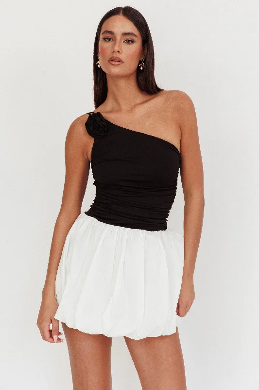 Corinthia One-Shoulder Bubble Mini Dress Black/White Elegant Off-Shoulder Dress Mini