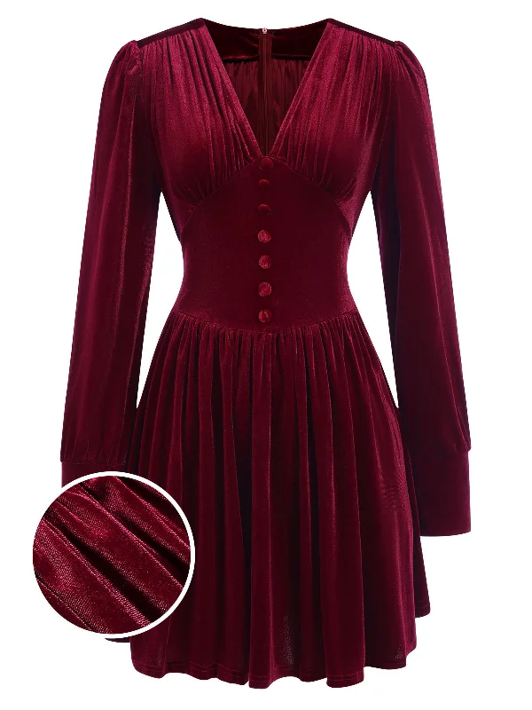 Wine Red 1940s Solid V-Neck Velvet Party Dress Tunics Brand named