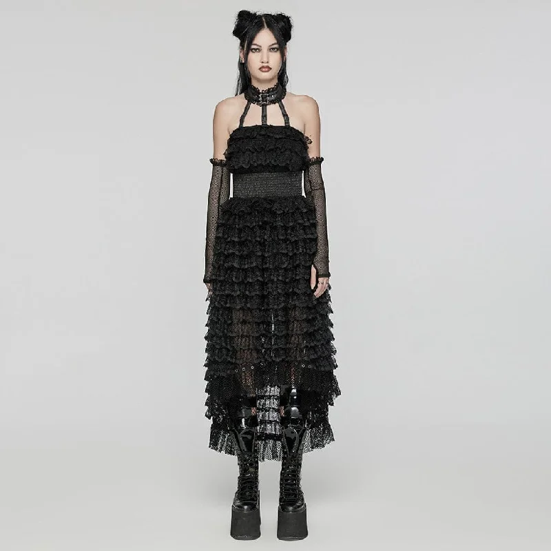 Women's Punk Halterneck Ruffled Lace Party Dress Black Tunics Summer linen