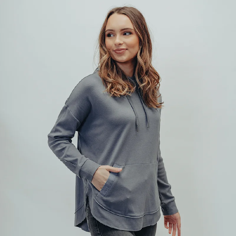Puremeso Shirttail Hem Hoodie in Mineral Blue Hoodie with Zipper Versatile Modern