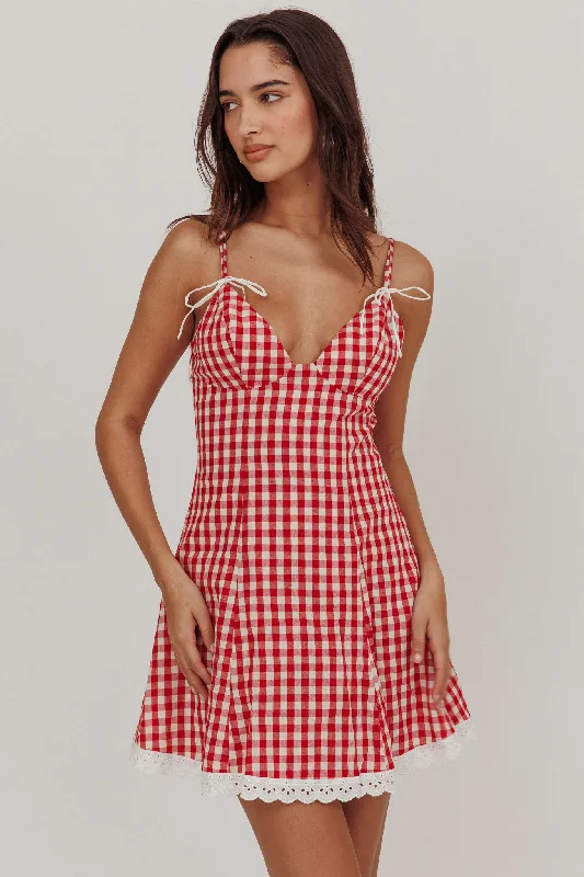 Noelle Lace Trim Mini Dress Gingham Red Classic Floral Mini Dress