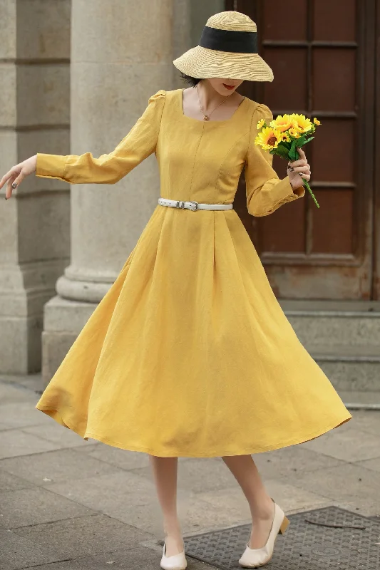 Spring A-Line Yellow Linen Dress women 5679 Tunics Sale discount