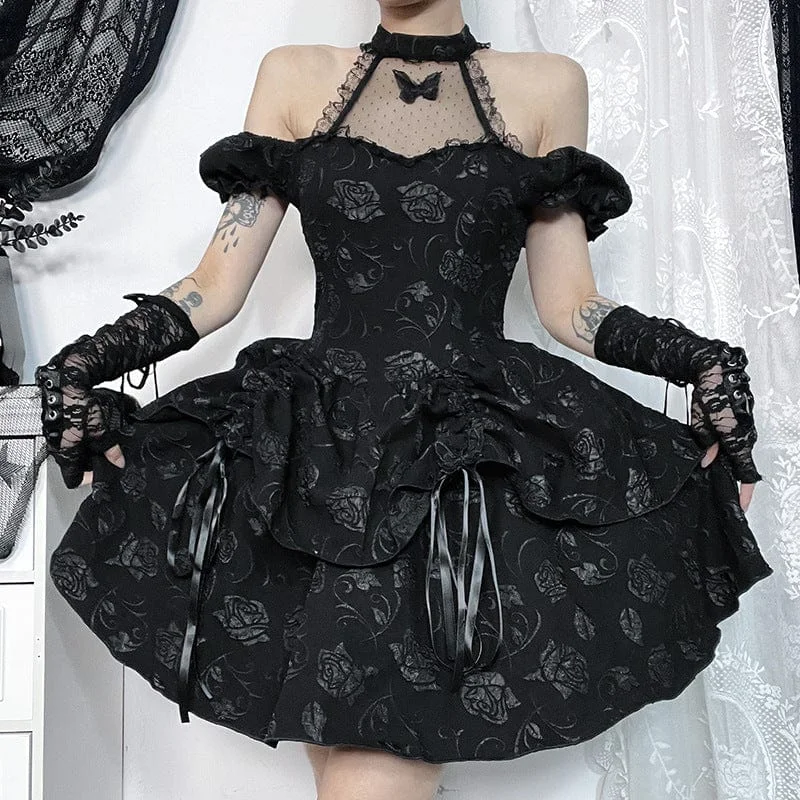 Women's Gothic Off-the-shoulder Rose Layered Party Dress Tunics Denim casual