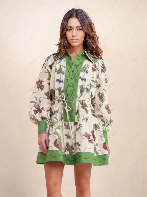 Unique Print Color Match Graceful Balloon Sleeve Shirt Mini Dress Fashionable Party Mini Dress Unique Print Color Match Graceful Balloon Sleeve Shirt Mini Dress Fashionable Party Mini Dress