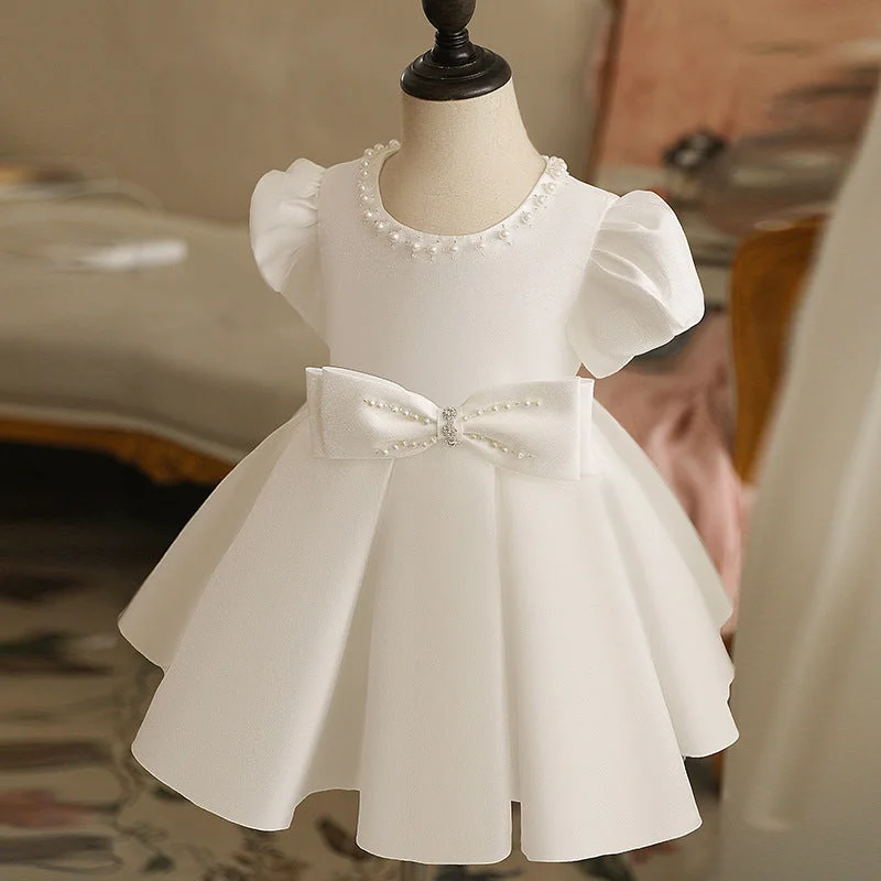 First Communion Dress Baby Girl White Textured Puff Sleeves Puffy Bow Princess Christening Dress Tunics Designer luxury First Communion Dress Baby Girl White Textured Puff Sleeves Puffy Bow Princess Christening Dress Tunics Designer luxury