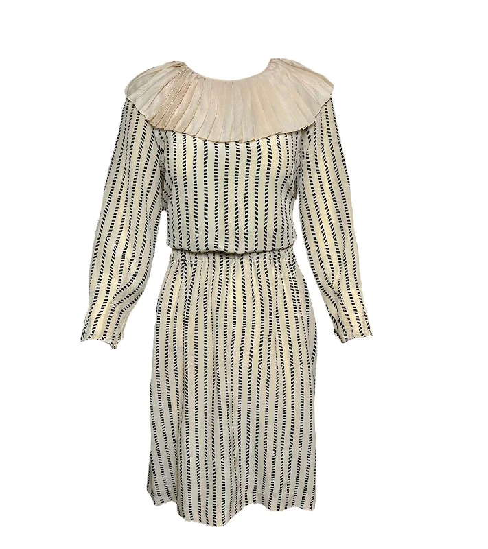 Chloe Beige and Navy Babydoll Silk Dress with Ruffle Collar Tunics Stylish elegant