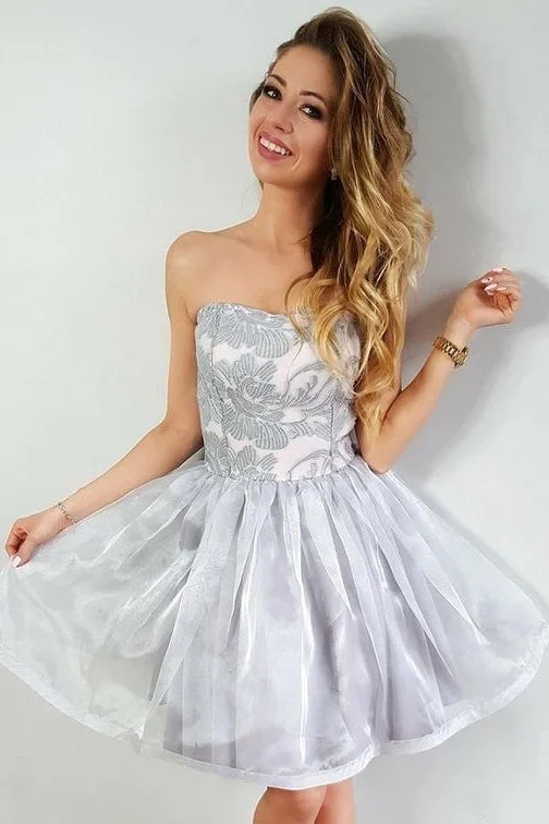 A Line Strapless Gray Short Organza Homecoming Party Dress with Lace Appliques OKE6 Tunics Office stylish A Line Strapless Gray Short Organza Homecoming Party Dress with Lace Appliques OKE6 Tunics Office stylish