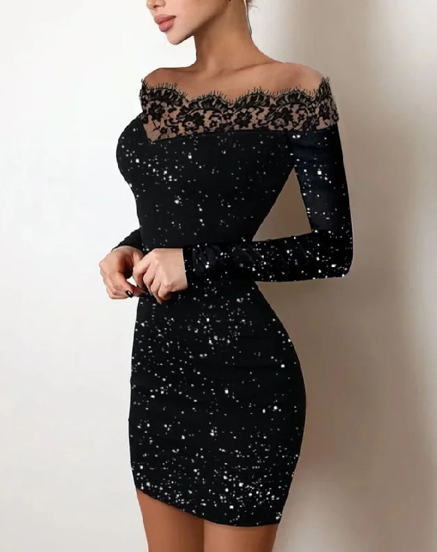 Off Shoulder Long Sleeve Contrast Lace Glitter Bodycon Mini Dress Trendy Mini Dress with Belt