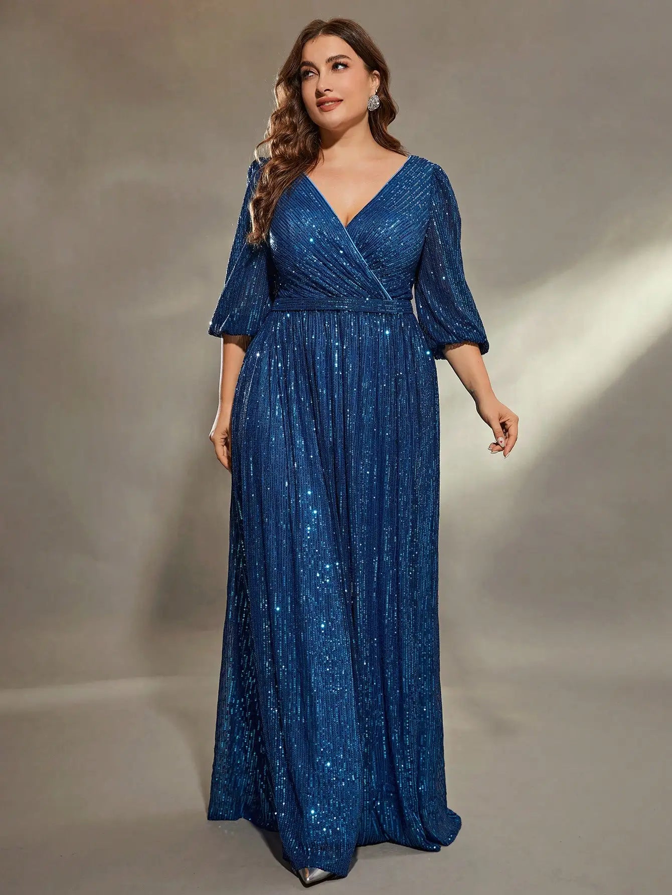 Blue Plus Size V Neck Pleated Sequin Evening Party Dress Tunics Brand named