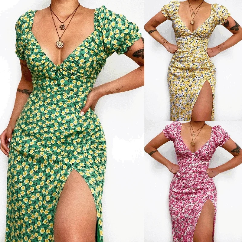 Deep V-Neck Short Sleeve Printed Mini Dress Comfortable Fit-and-Flare Mini Dress