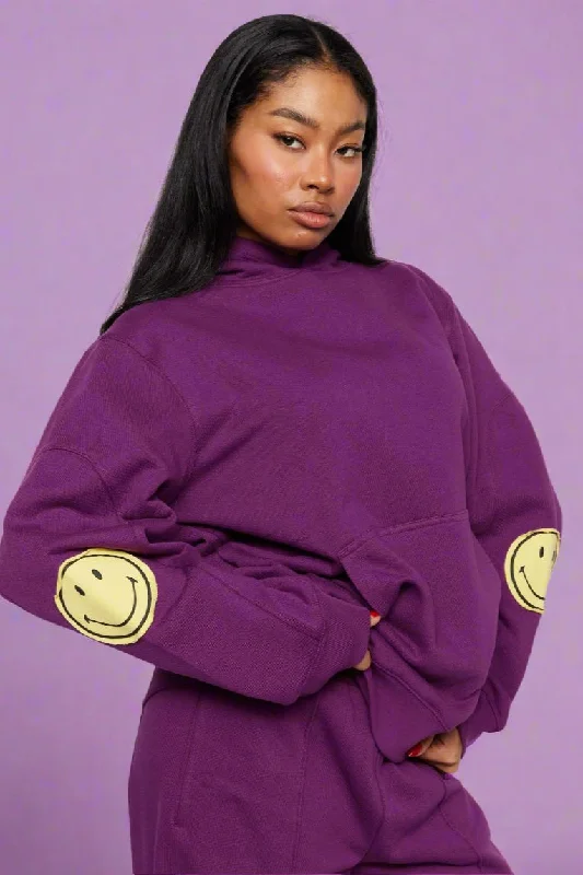 Samii Ryan Smiley® Purple Oversized Hoodie Hoodie with Slit Hem Functional Movement