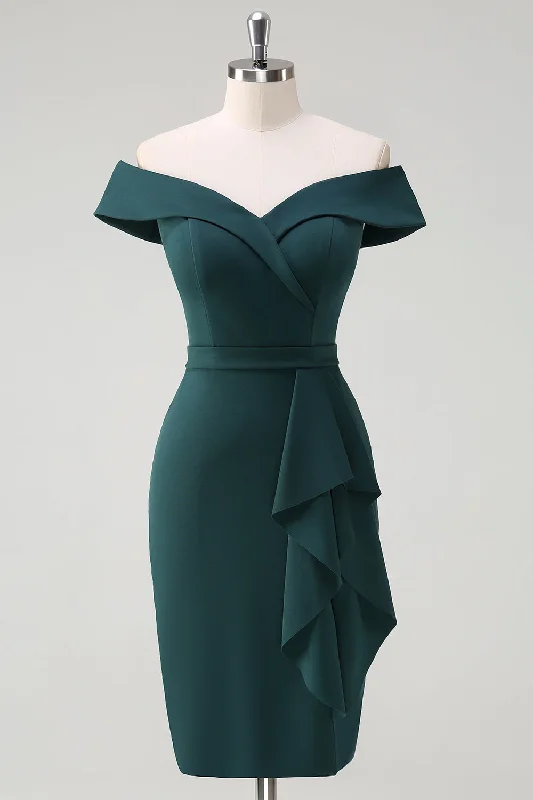 Dark Green Off the Shoulder Ruffled Bodycon Cocktail Party Dress Crew Neckline Casual Dark Green Off the Shoulder Ruffled Bodycon Cocktail Party Dress Crew Neckline Casual