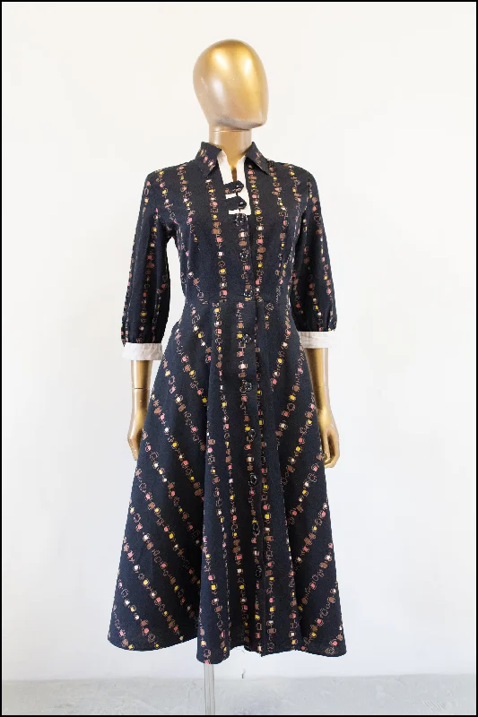 Vintage 1940s Black Printed Cotton Dress Tunics New arrival