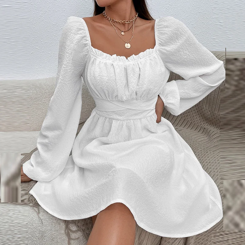 Solid Color Party Dress Summer Sexy Square Collar Beach Dress sweetheart Neckline Romantic