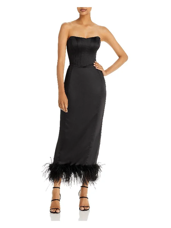 Womens Faux Feather Trim Midi Cocktail and Party Dress Peplum Ruffle Cocktail