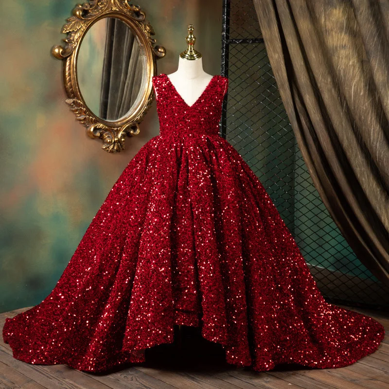 Girl Christmas Dress Luxury Red Sleeveless Trailing Sequins Fluffy Princess Communion Dress Crew Neckline Casual