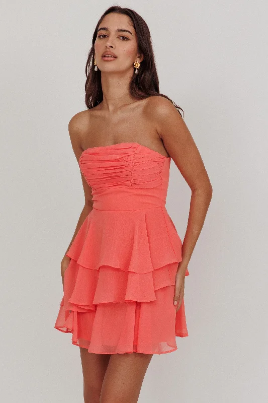 Veda Strapless Ruffle Mini Dress Peach Elegant Satin Mini Dress