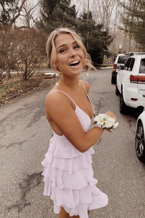 Sweet Spaghetti Straps Chiffon Mini Party Dress Simple Tiered Homecoming Dress OK1500 Tunics Leisure comfortable