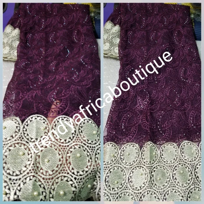 Clearance: Plum/cream border African french lace fabric. Original quality. Use to make Nigerian party dress. Sold per 5yards. Aso-ebi can be produce upon request. Turtleneck Neckline Stylish Clearance: Plum/cream border African french lace fabric. Original quality. Use to make Nigerian party dress. Sold per 5yards. Aso-ebi can be produce upon request. Turtleneck Neckline Stylish