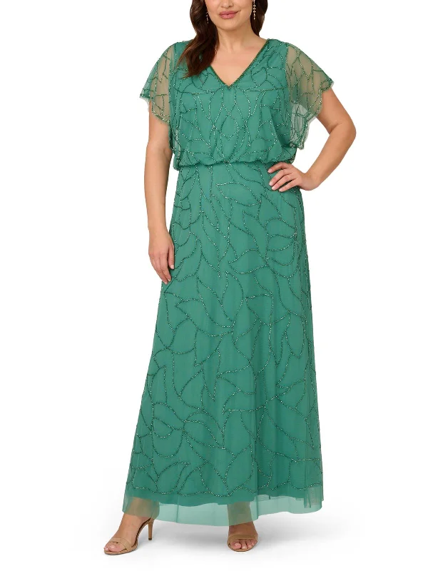 Womens Beaded Blouson Evening Dress Turtleneck Neckline Stylish