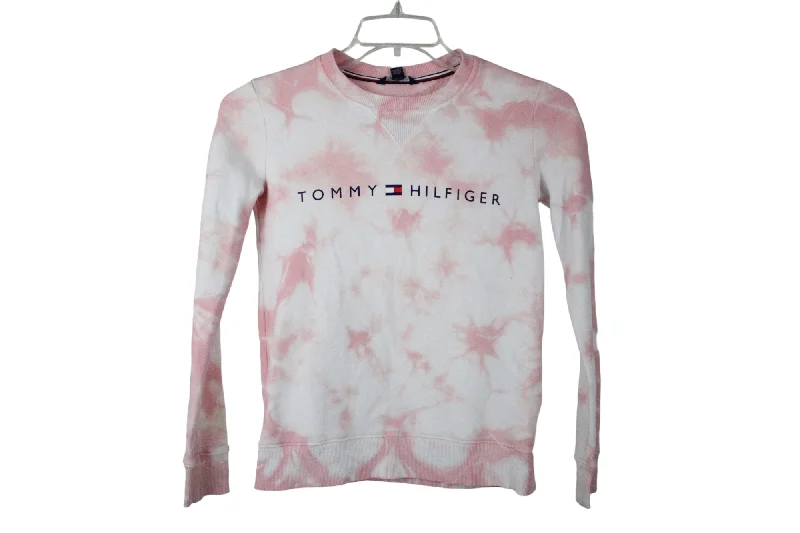 Tommy Hilfiger Pink Tie Dye Sweatshirt | XXS Hoodie with Stripes Bold Sporty