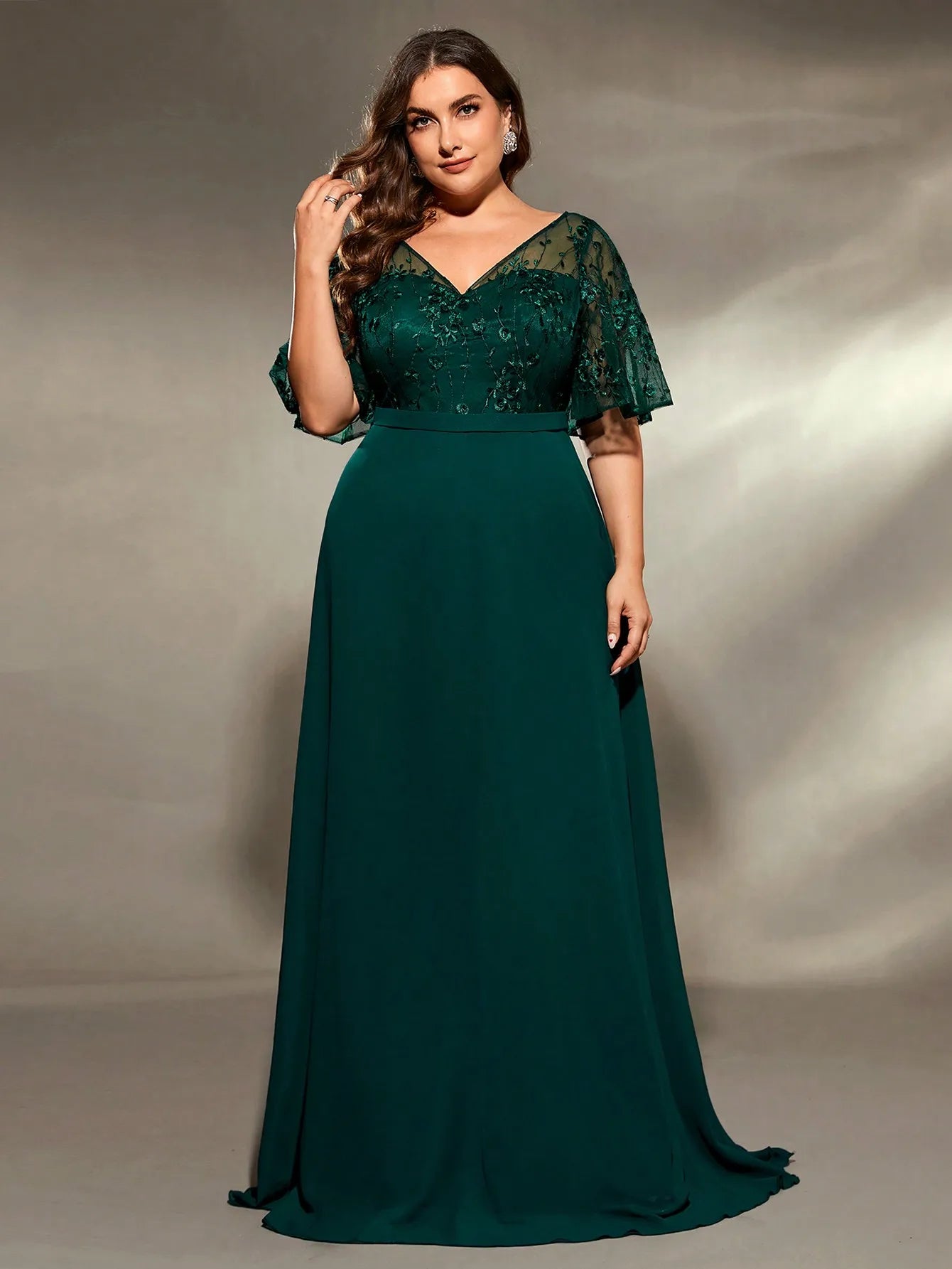 Green Chiffon Lace Plus Size Short Sleeve Party Dress Tunics Custom made