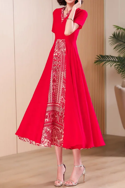 Red midi patchwork summer chiffon dress 5046 Tunics Handmade artisanal