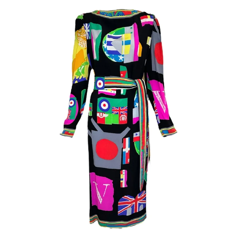 Late 1980's Leonard Silk Crepe Belted Flag Dress PLUS SIZED Off-the-shoulder Chic Trendy Late 1980's Leonard Silk Crepe Belted Flag Dress PLUS SIZED Off-the-shoulder Chic Trendy