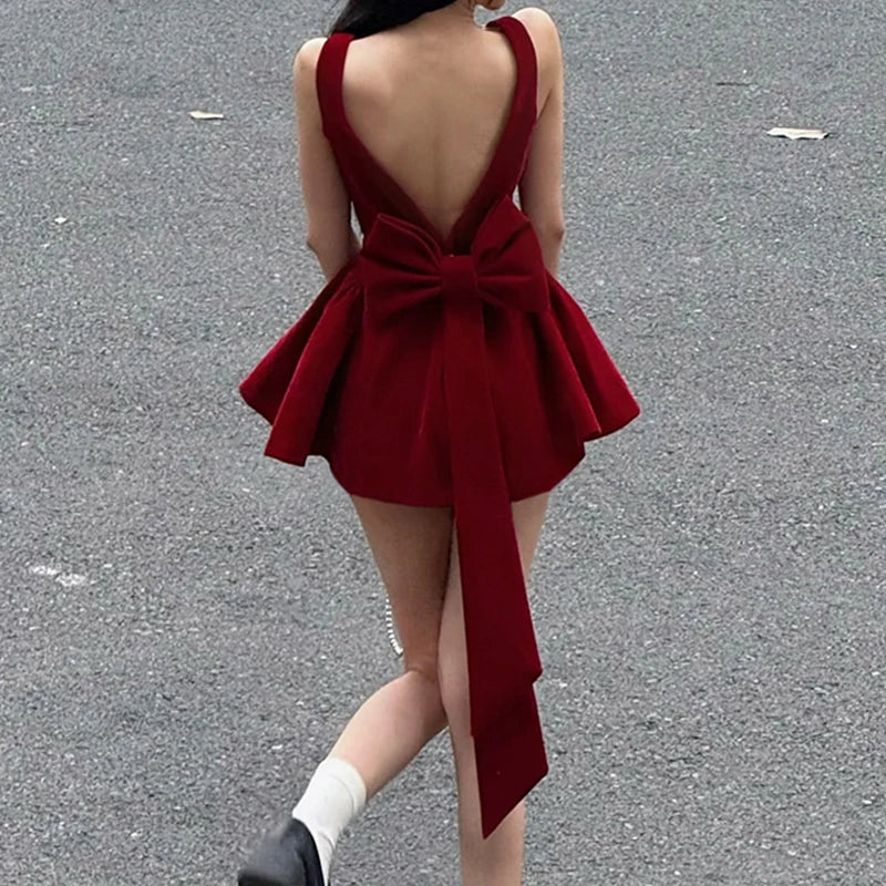 Advbridge V Line Big Bow Backless Red Short Dress Square Collar Elegant Women Sleeveless Mini Dresses Summer A-line Dress Cute Fashionable Summer Mini Dress