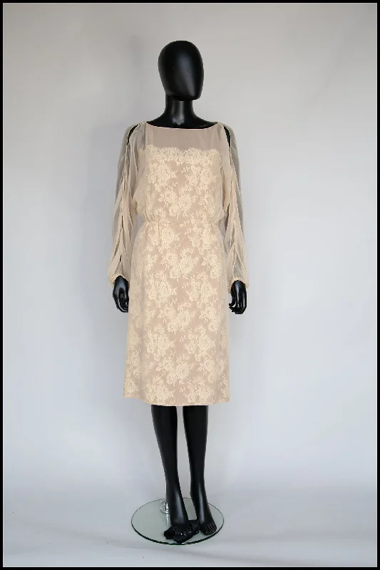 Vintage 1960s Travilla Champagne Lace Wiggle Dress Tunics Distressed trendy