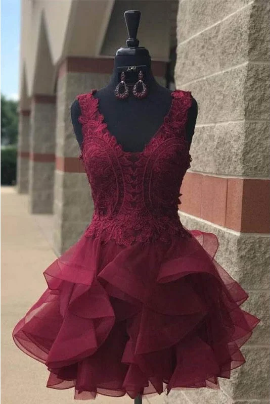 Organza Lace Short Party Dresses,Lace V Neck Prom Dress,Burgundy Homecoming Dresses OK498 Tunics Favorite customer