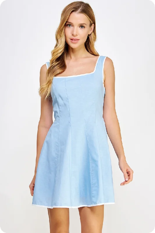 Ruby Trim Mini Dress in Chambray Trendy Floral Mini Dress