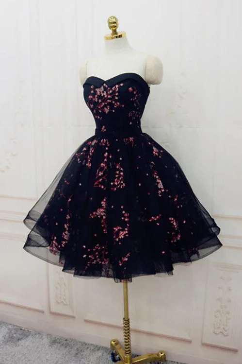 Charming Black Cute Floral Formal Dress, Black Party Dress, Homecoming Dresses OKO72 Off-the-shoulder Chic Trendy