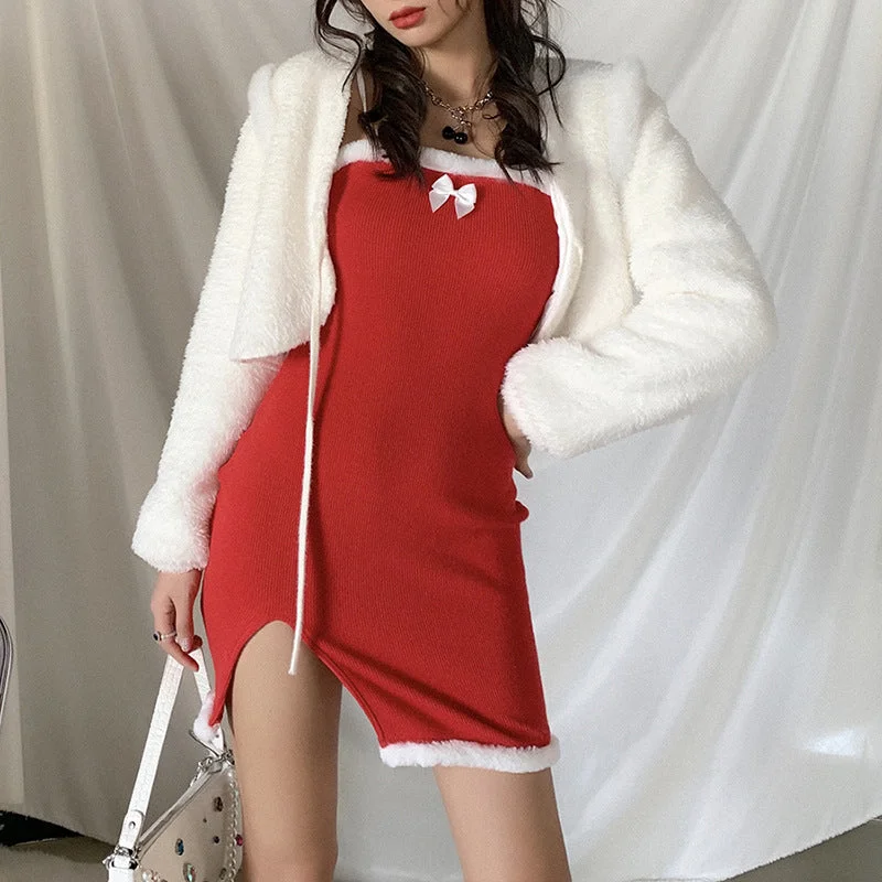 Christmas Annual Party Dress Winter Sexy Tight-fitting Split Hip Red Dress Peplum Ruffle Cocktail