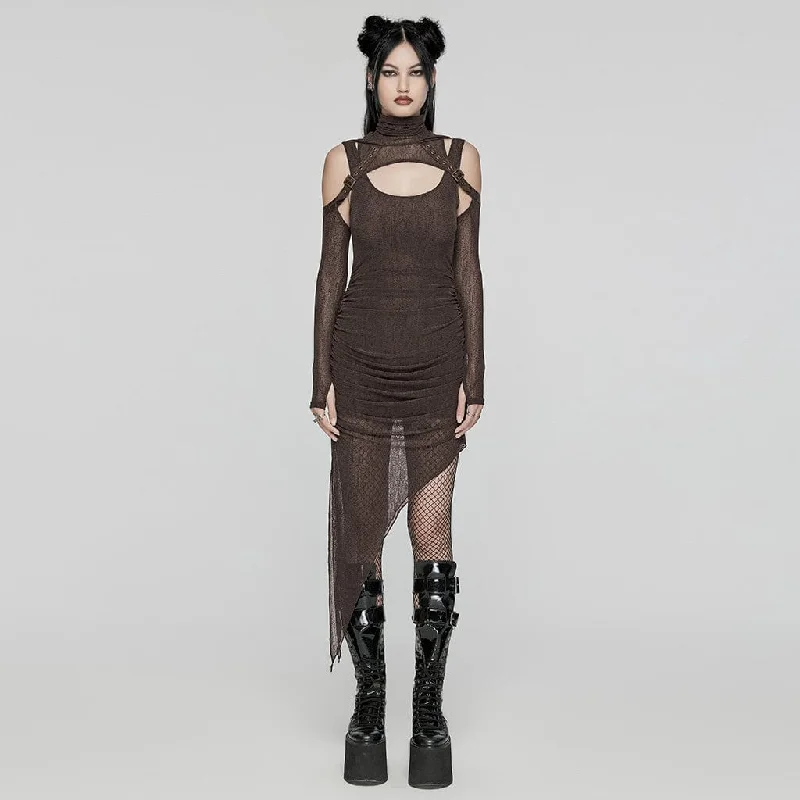 Women's Punk Irregular Ruched Coffee Party Dress with Hooded Cape Tunics Seasonal trendy Women's Punk Irregular Ruched Coffee Party Dress with Hooded Cape Tunics Seasonal trendy