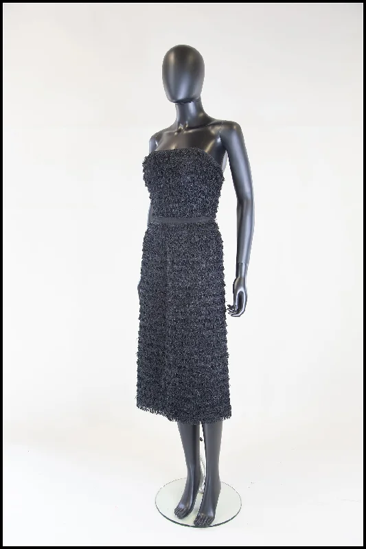 Vintage 1950s Black Fringed Cocktail Dress Tunics Spring floral