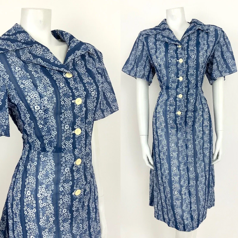 VTG 60s 70s BLUE WHITE STRIPED FLORAL DITSY SHIRT WAIST DAISY MOD DRESS 14 Tunics Handmade artisanal