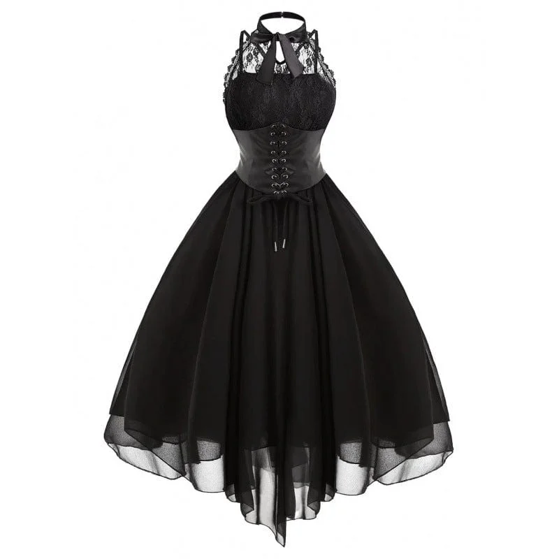 Women's Gothic Lace Splice Lace-up Party Dress Tunics Mesh breathable