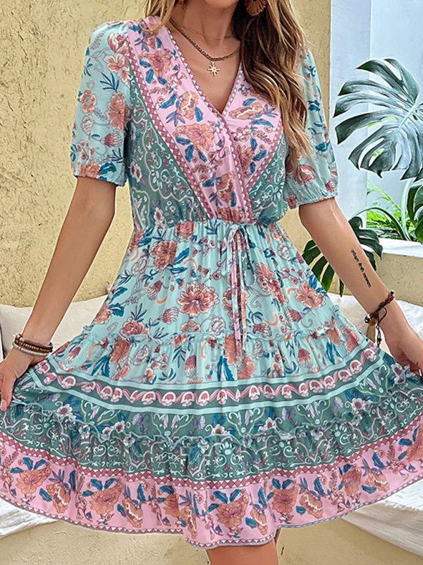 New floral waist skirt printed ethnic style bohemian dress Tunics Chinos classic
