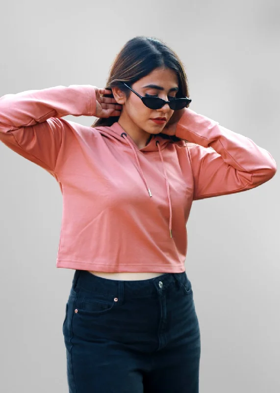 Salmon Pink Cropped Hoodie For Women | Pronk Hoodie with Raglan Sleeves Sporty Comfortable