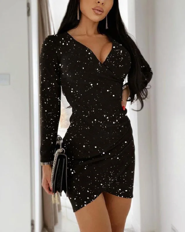 Plain V-Neck Glitter Long Sleeve Ruched Bodycon Evening Mini Dress Comfortable Wrap Mini Dress