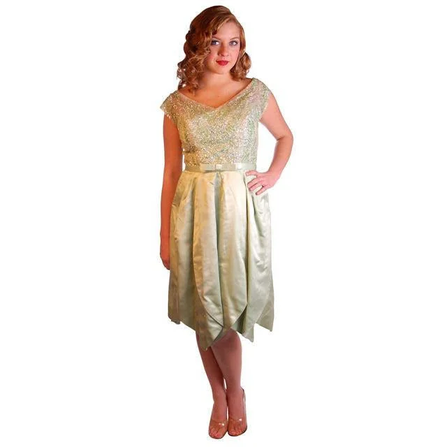 Vintage Green Silk/ Sequins Party Dress Nan Carlby 1950 38-30-Free Petal Skirt Mermaid Tail Wedding