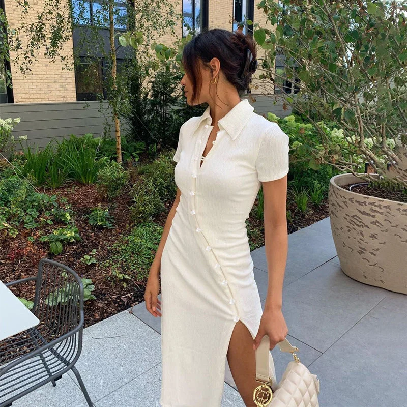 Short Sleeve Lapel Skinny Mini Dress Cozy Long Sleeve Mini Dress
