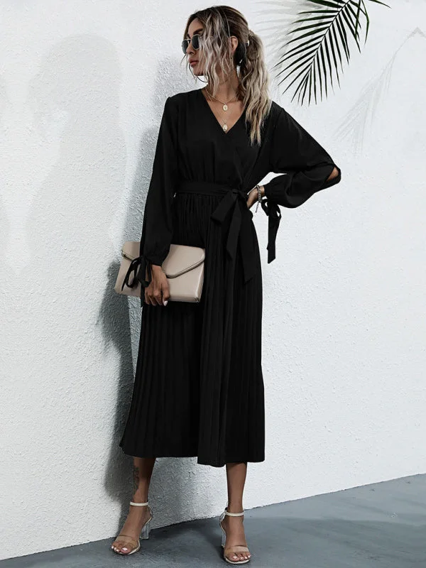 Women's v-neck hollow straps pleated mid-length dress Tunics Fall fleece