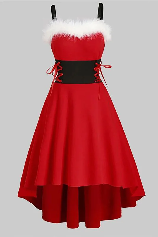 Red Vintage Christmas Party Dress with Feather Shift Classic Vintage