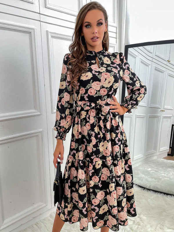 Women's print long sleeve half high neck dress Tunics Custom made